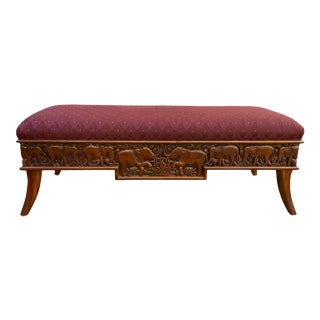 Late 20th Century Indonesian Elephant Carvings Upholstered Bench For Sale