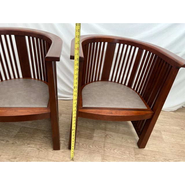 Wood Rare Set of Stickley Lounge Chairs Spindle Barrel Back Solid Cherry, Leather 1a For Sale - Image 7 of 12