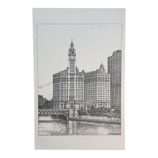 Chicago Wrigley Building Black and White Illustration Print by Albert Richardson Vintage 70's For Sale