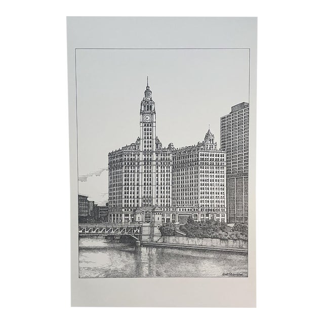 Chicago Wrigley Building Black and White Illustration Print by Albert Richardson Vintage 70's For Sale