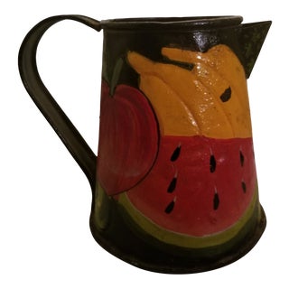 Vintage 1970s Hosley Arts and Crafts Black Metal Kettle W/ Hand Painted Fruit Coffee Pot For Sale