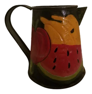 Vintage 1970s Hosley Arts and Crafts Black Metal Kettle W/ Hand Painted Fruit Coffee Pot