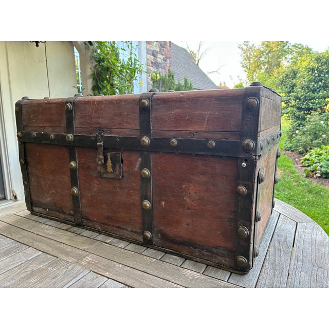 English Antique Wood and Iron-Bound Travel Trunk - Rustic Storage For Sale - Image 3 of 11