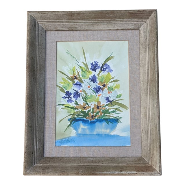 Vintage Original Still Life Flowers in a Blue Vase Botanical Watercolor Painting Signed For Sale