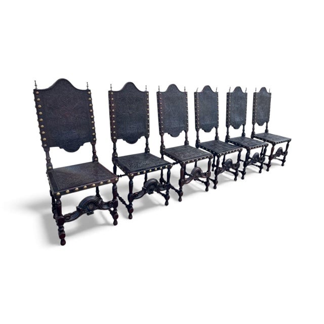 6 - antique Renaissance chairs crafted in Portugal circa 1760 the chairs sit on turned legs with a carved shell motif on...