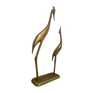 Mid-Century Brass Pair of Herons Sculpture on Pedestal, 1960s For Sale