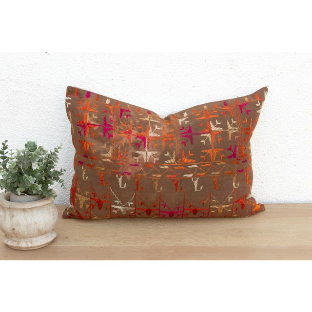 This 16x24 inch lumbar pillow is a breathtaking study in Antique Indian Folk Art, handcrafted from a salvaged Punjabi...