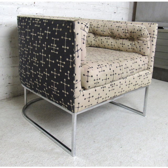 Mid-Century modern round back chair with chrome frame. Fun vintage style fabric and Milo Baughman style polished chrome....