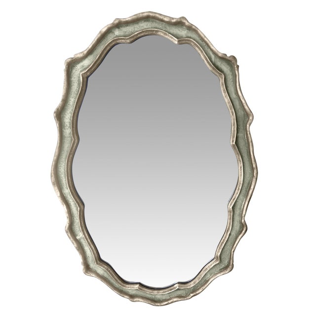 Large Cast Metal Oval Cartouche Mirror,, Silver-Gilt & Celedon For Sale In Los Angeles - Image 6 of 12