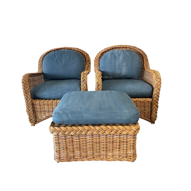 Contemporary Vintage Organic Modern Braided Rattan Lounge Chairs With Ottoman For Sale - Image 3 of 12