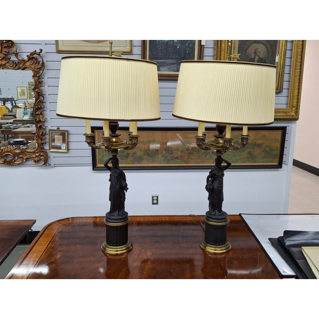 Mid 20th Century Pair P Hanson Attributed Napoleon III Gilt and Patinated Bronze Figural Five-Arm Candelabra Lamps For Sale - Image 14 of 16