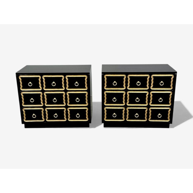 Hollywood Regency Dorothy Draper Style, Hollywood Regency, Black Lacquer, Gilt, Brass, Commodes, A Pair For Sale - Image 3 of 10
