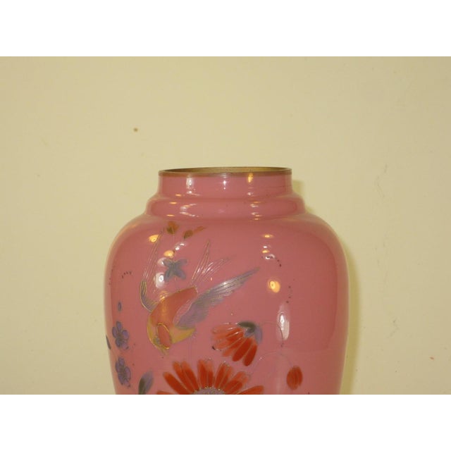Victorian Late 19th Century Vase Victorian Pink Cased Glass with Hand Painted Enamel Bird & Flowers For Sale - Image 3 of 12