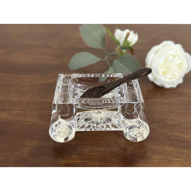 Signed William Yeoward Crystal June salt cellar, featuring a substantial square form, clear cut crystal, a radiating...