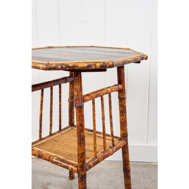 Brown 19th Century Aesthetic Movement Octagon Tiger Bamboo Two-Tier Side Table With Lacquered Top For Sale - Image 8 of 10