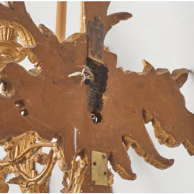 Wood Mid-20th Century French Country Giltwood Five-Light Wall Sconces With Carved Floral and Fruit Decoration - Pair For Sale - Image 7 of 9