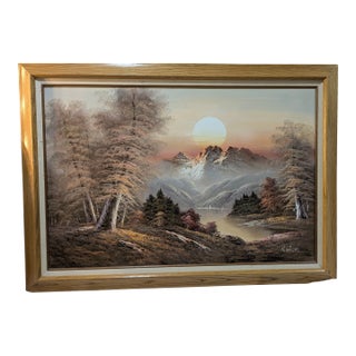 Large H Wilson Painting "Mountain Sunset Over Lake" For Sale
