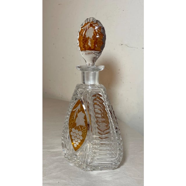 Vintage Orange Cut to Clear Czech Bohemian Crystal Glass Liquor Decanter Bottle For Sale In New York - Image 6 of 12