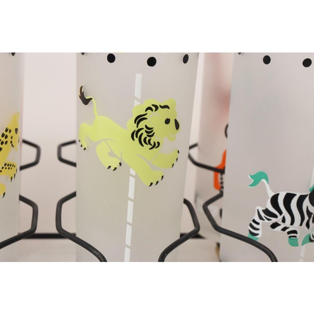 Set of Eight Vintage Frosted Glasses With Animal Carousel Motif by Libbey With Carrier For Sale - Image 10 of 18