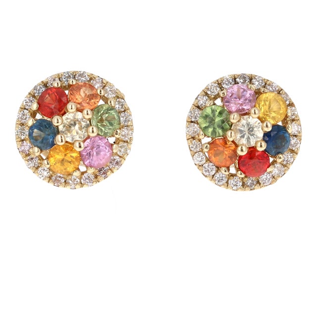 2.49 Carat Multicolor Sapphire Diamond 14 Karat Yellow Gold Earrings - 2 Pieces For Sale