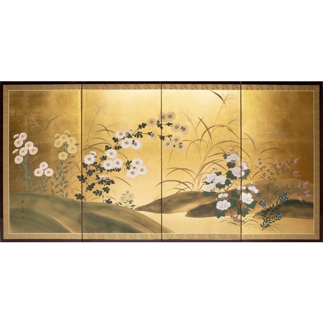 "Chrysanthemums, Rose Mallow and Bush Clover" by Shunsui, Showa Japanese Byobu Screen For Sale - Image 18 of 18