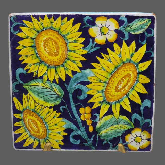 Vintage Hand Painted Terra-Cotta Sun Flower Tuscan Wall Hanging Tile Trivet For Sale - Image 6 of 10
