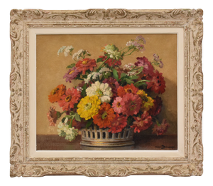 Maurice Alfred Decamps, Art Deco Still Life with Zinnias and Gerberas, Oil on Canvas, 20th Century, Framed