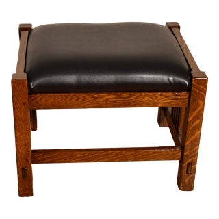 Stickley Mission Arts and Crafts Solid Oak and Black Leather Footstool / Ottoman For Sale