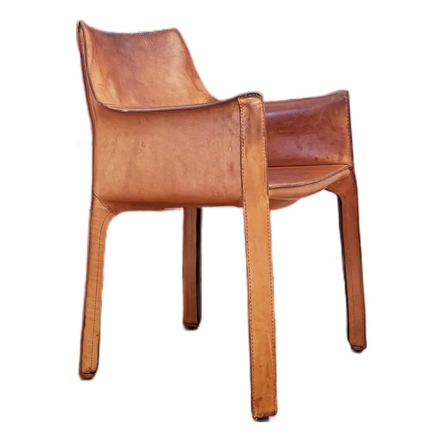 1970s Original Cognac Natural Brown Leather Cassina Cab 413 Armchair Mario Bellini (4 Available) For Sale