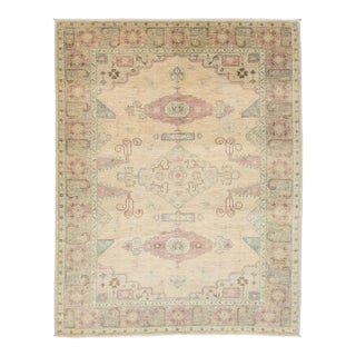 Hand-Knotted Serapi-Inspired Modern Wool Rug in Muted Pastels and Sand 11x13 For Sale