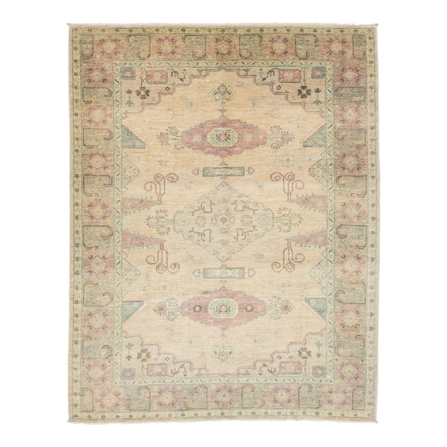 Hand-Knotted Serapi-Inspired Modern Wool Rug in Muted Pastels and Sand 11x13 For Sale