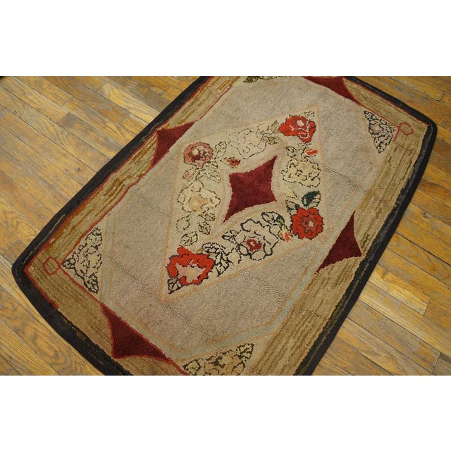 1890s Medallion Roses Beige Ground Folk Art Antique Amercian Hooked Small Rug For Sale - Image 4 of 9