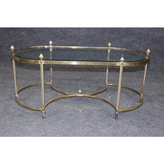 1950s Oval Brass French Maison Jansen Style Pineapple Finial Directoire Coffee Table For Sale - Image 5 of 9