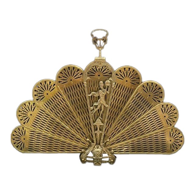 1980s Peacock French Count;ry Ornate 44" Wide Folding Brass Fireplace Fan For Sale