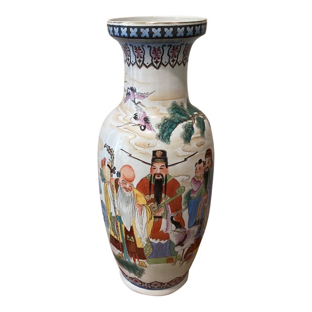 Mid 20th Century Large Chinese Porcelain Vase Hand Painted With Figures Flowers and Script For Sale