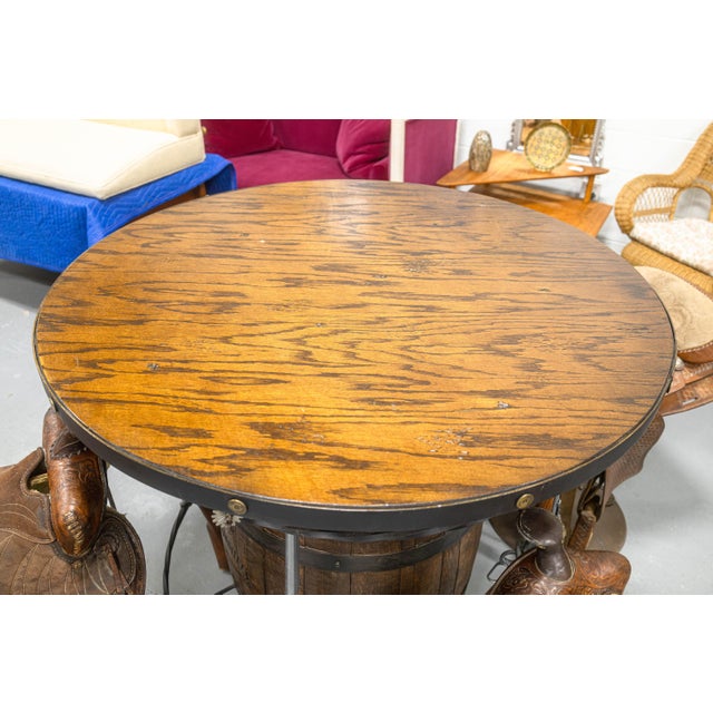 Contemporary Contemporary Custom Made Whiskey Barrel Pub Table With 4 Horse Saddle Stools For Sale - Image 3 of 14