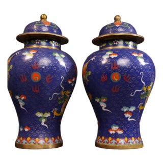 Pair of Vintage Chinese Blue Cloisonné "Dragon & Phoenix" Covered Jars For Sale