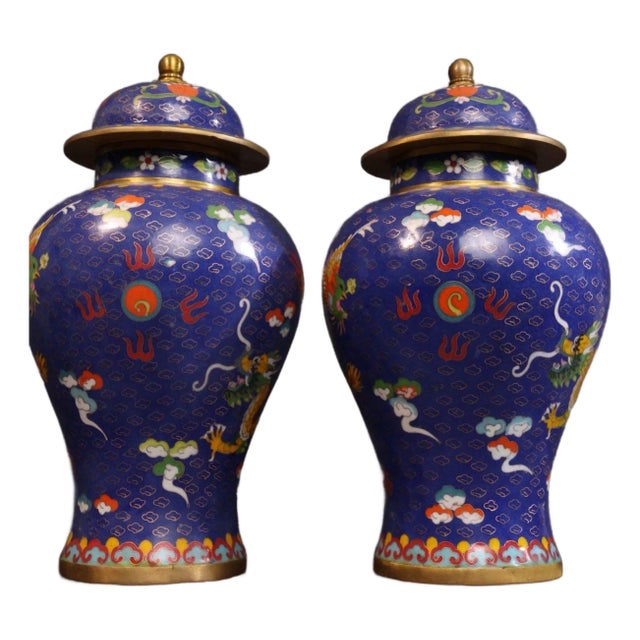 Pair of Vintage Chinese Blue Cloisonné "Dragon & Phoenix" Covered Jars For Sale