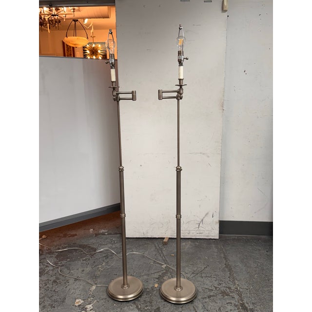 2010s Transitional Brushed Nickel Swing Arm Floor Lamps, Pair For Sale - Image 5 of 12