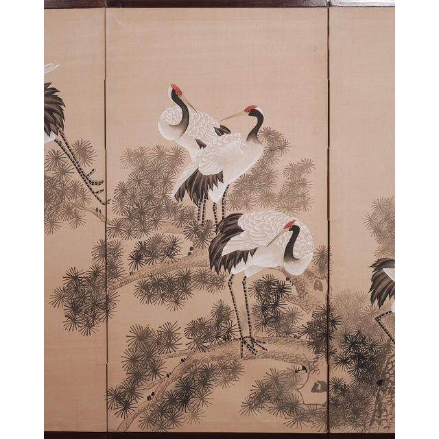 Japanese Style Showa Four-Panel Screen Cranes in Pine Trees For Sale - Image 4 of 18