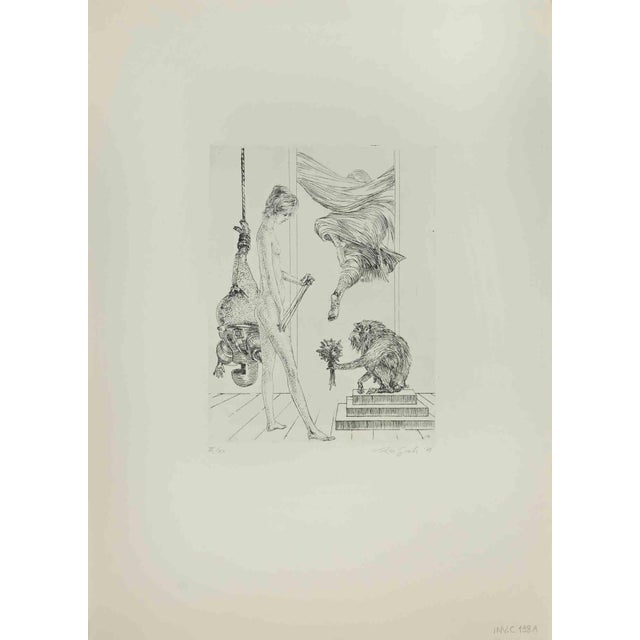 Woman with monkey is an artwork realized by Leo Guida, in 1971. Etching, 50 x 70 cm. Edition II/XX Hand signed and dated...