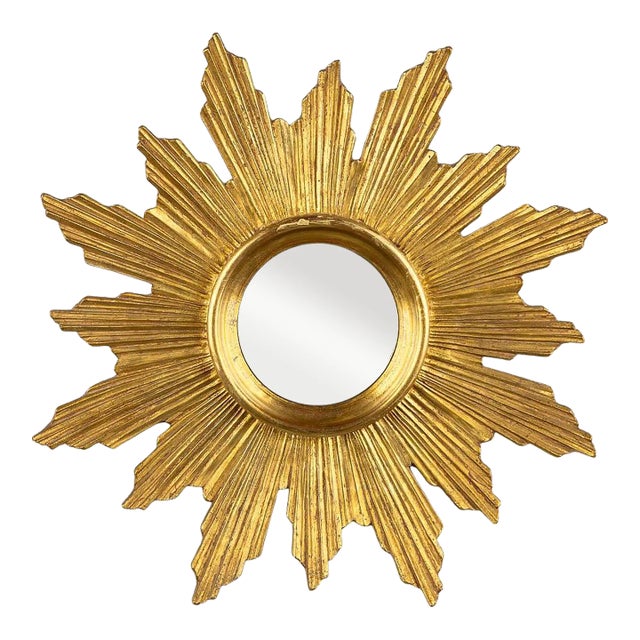 Mid 20th Century Hand Carved Giltwood Sunburst Mirror For Sale