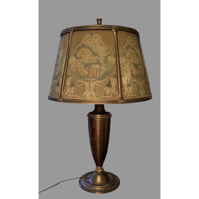 Bradley & Hubbard Table Lamp Reverse Painted Ribbed 6 Panel Scenic Glass Shade In good condition showing some typical age-...