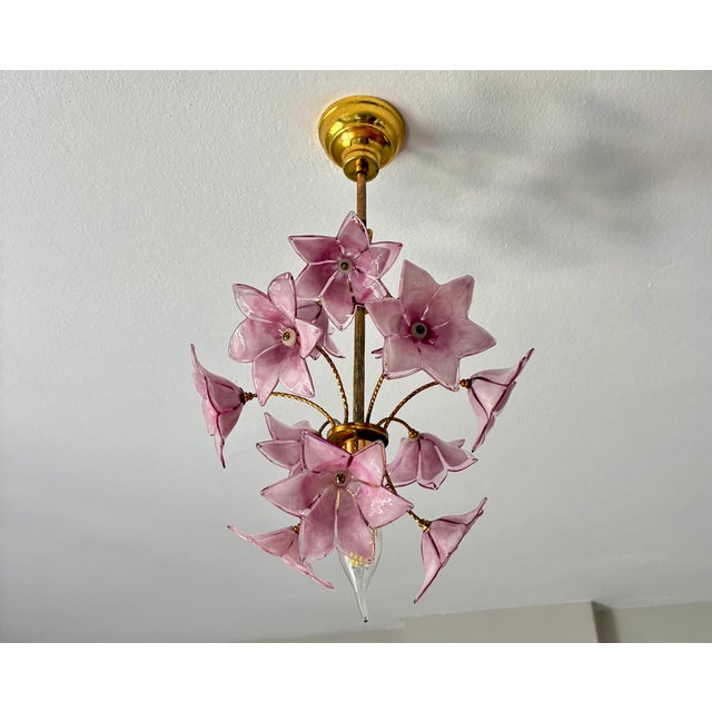 Vintage Italian Murano Style Hand-Painted Pink Floral Pendant Light, Romantic Glass Blossom Chandelier, Dramatic Ceiling Shadow Display For Sale - Image 10 of 17