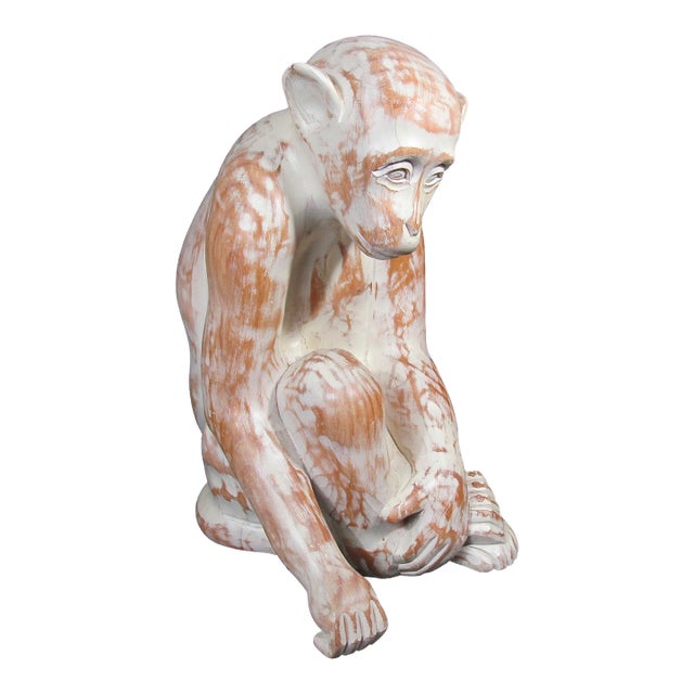 Sarreid Ltd. Spanish Carved Wood Sitting Monkey Sculpture Circa 1970s For Sale