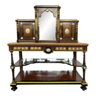 19th-Century French Kingwood and Porcelain Mirrored Cabinet on Stand For Sale