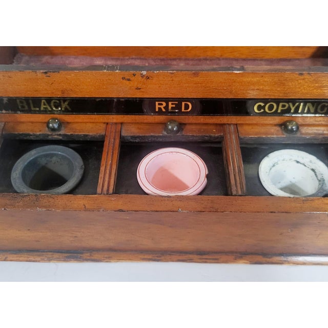 English 19th C Mahogany & Reverse Painted Glass 3 Jar Desk Inkwell For Sale - Image 11 of 16