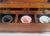 English 19th C Mahogany & Reverse Painted Glass 3 Jar Desk Inkwell For Sale - Image 11 of 16