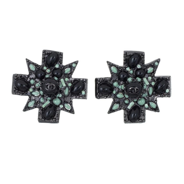 Chanel Chanel Large Black Cross Earrings c2011 Clip On Green Enamel CC Logo Gothic - 2 Pieces For Sale - Image 4 of 4