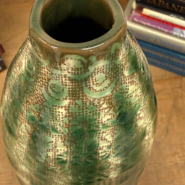 Textured Green & Cream Ceramic Vase with Star Design For Sale - Image 10 of 11